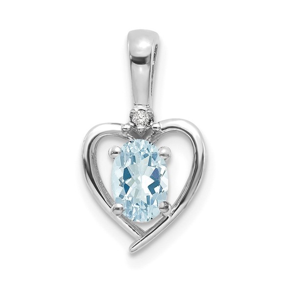 14k White Gold March Blue Aquamarine Birthstone & Diamond Heart Necklace Pendant